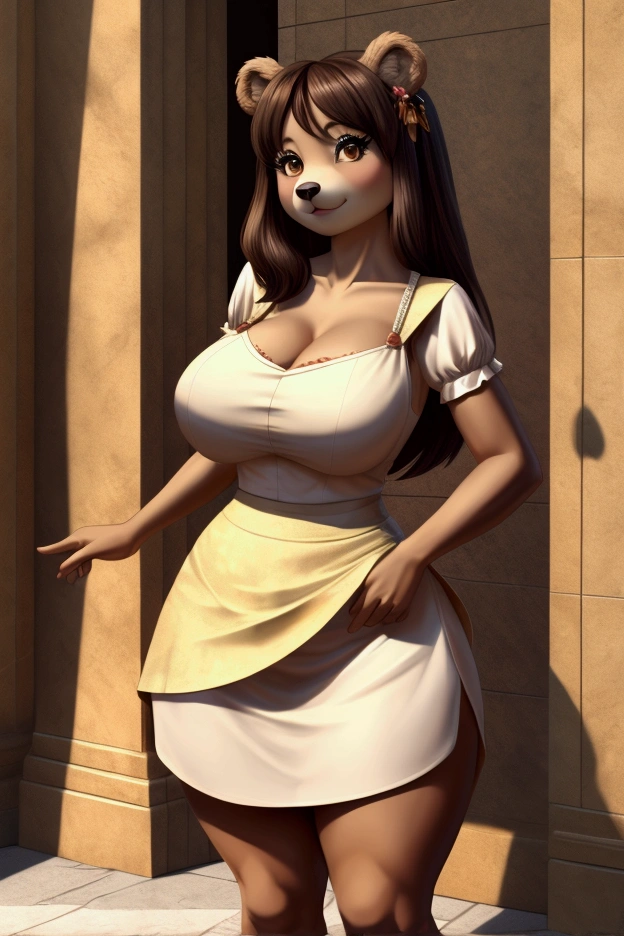 Slim female bear with nice big Moy thighs and very big breasts and black fur with cream and cute brown eyes and is wearing a short dress with a full body mini skirt. She is a milf and she really likes children..