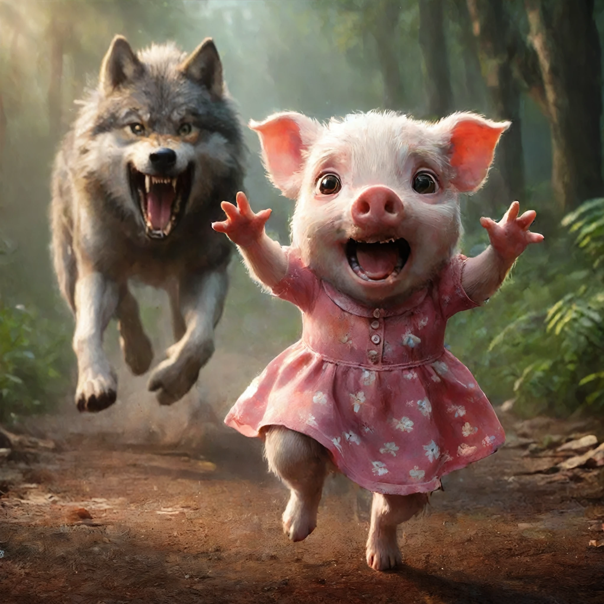 there is a piglet that is running with a wolf in the background, adorable digital painting, anthropomorphic warrior piglet, piglet, wojtek fus, ultra realistic picture, by Alfredo Volpi, by derek zabrocki, by Tadeusz Pruszkówski, animals running along, pigs, cute 3 d render