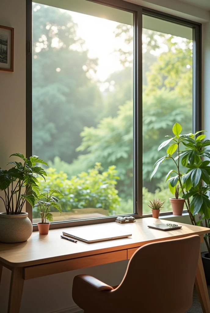 A minimalist home office with a large window overlooking a serene garden. Soft, natural light illuminates a clean, organized desk with a potted plant and a few essential office supplies. The overall atmosphere is calm and inviting, perfect for deep work. Landscape mode"