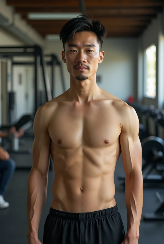 An Asian man in the gym，Topless，skinny，Small belly，2，China