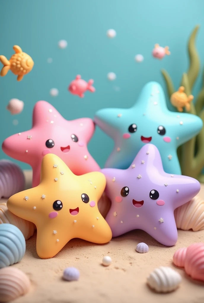 Kawaii Starfish: please Design me 4 pieces 3D kawaii starfish with five plump, pastel-colored arms. It has large, twinkling eyes and a sweet, smiling mouth. Add small, sparkly star-shaped patterns on its body and place it resting on a sandy ocean floor with a few seashells around. And some different sea creatures around it.