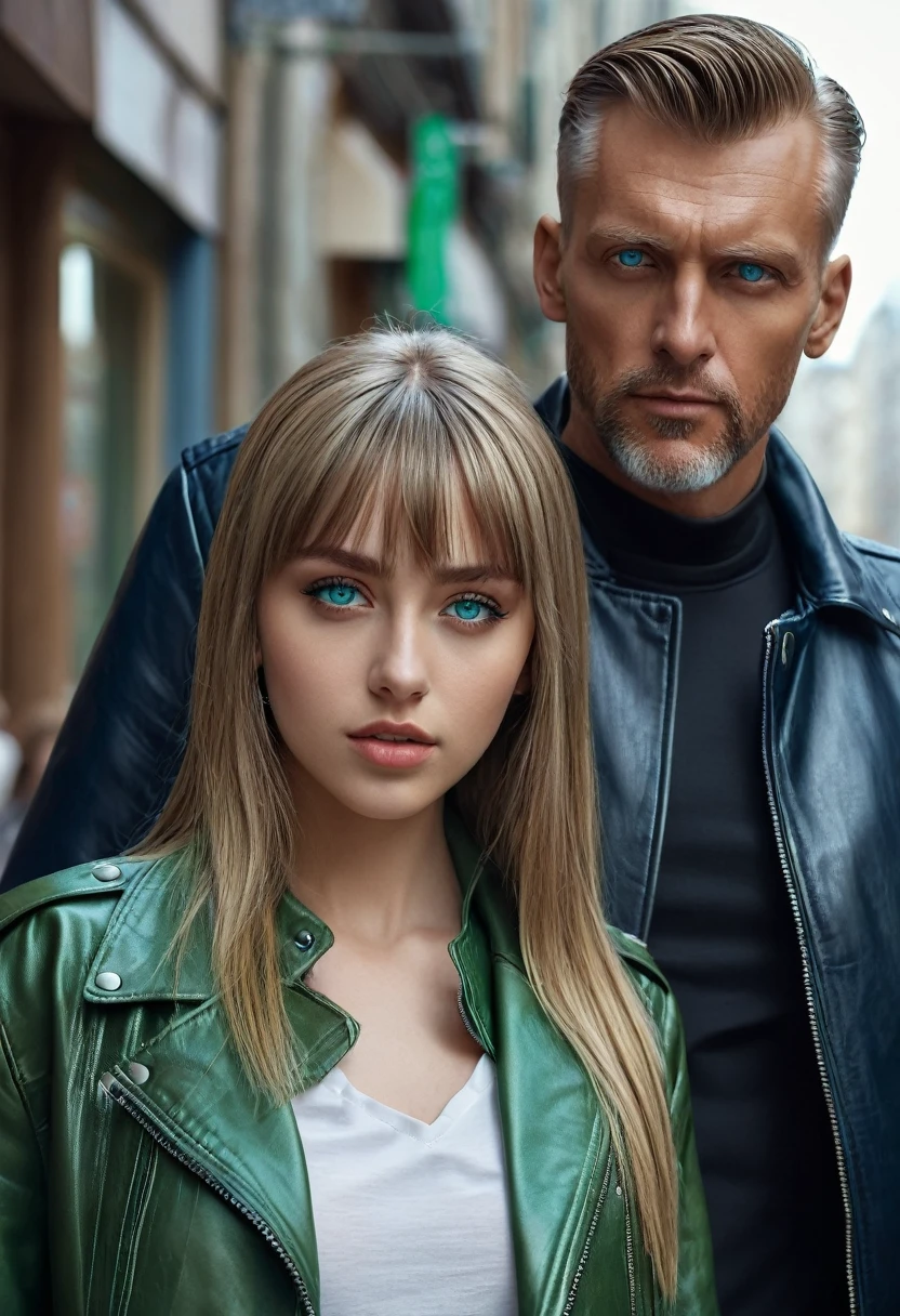 A girl with dark blonde hair, green eyes, usabdi leather jacket and sharp gaze next to a tall man, wearing elegant clothes, attractive, blue eyes and platinum bangs. Hyperrealistic style, 4k