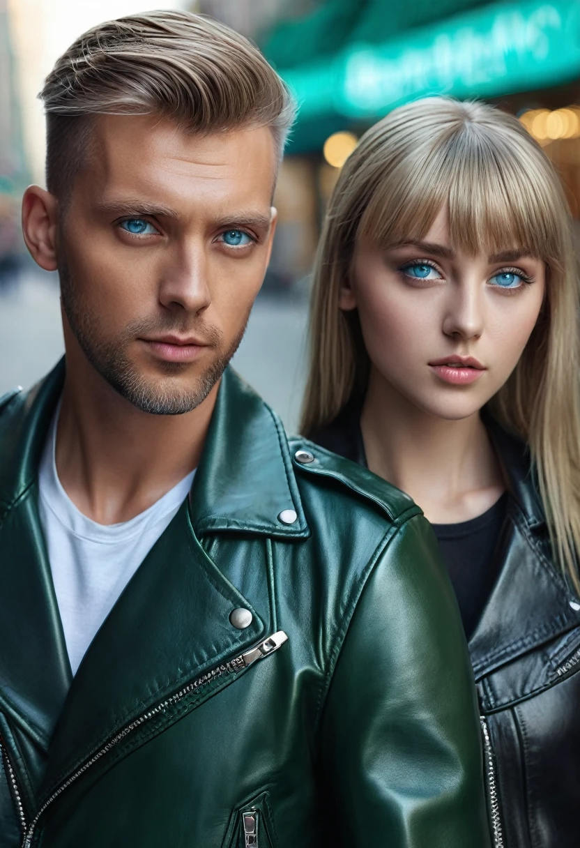 A girl with dark blonde hair, green eyes, usabdi leather jacket and sharp gaze next to a tall man, wearing elegant clothes, attractive, blue eyes and platinum bangs. Hyperrealistic style, 4k
