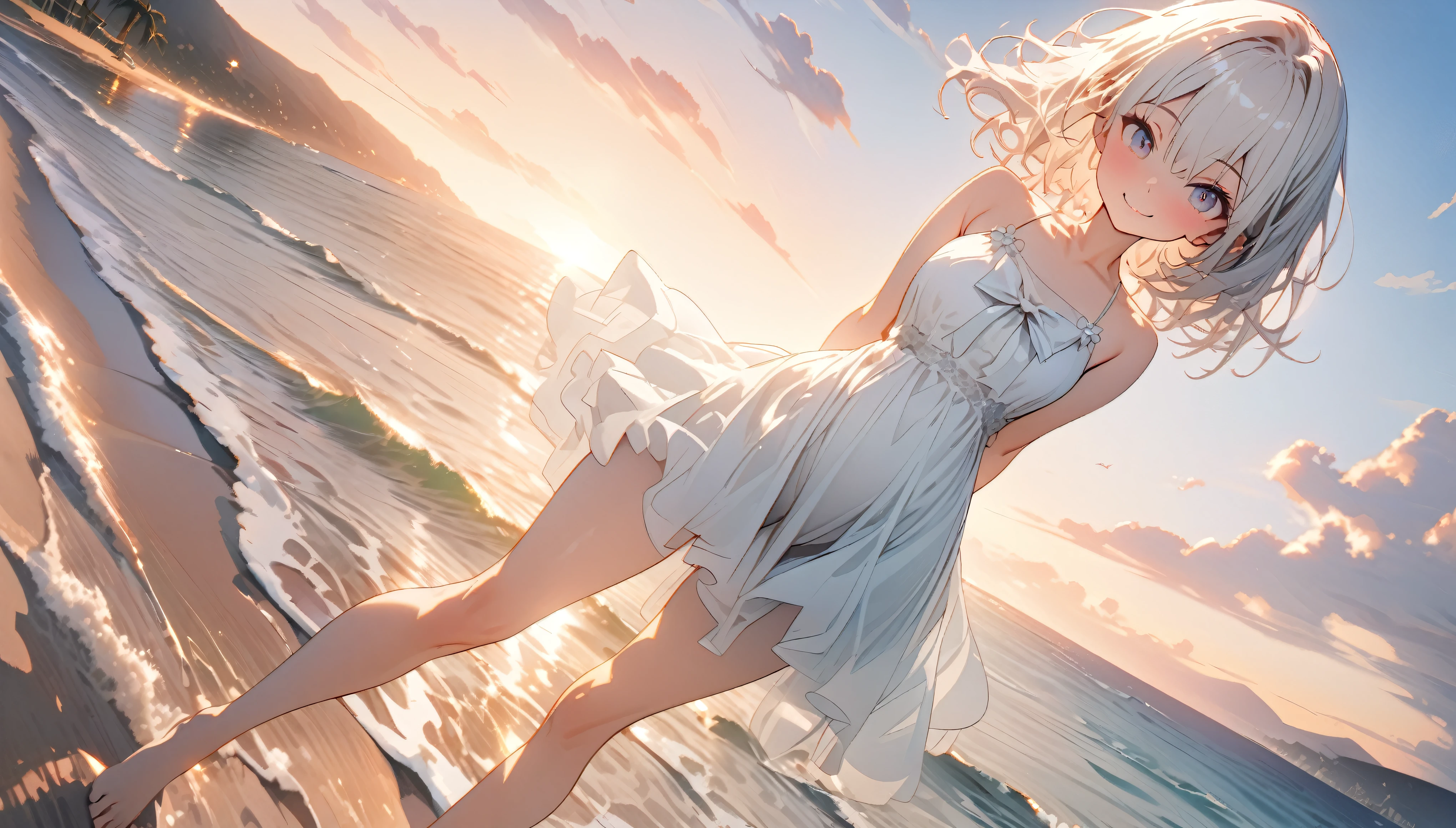 Beautiful girl with long white hair, chiffon, Bow ties, White swimsuit, On the beach,Wide-angle shooting, Vision,Shooting at an elevated angle,Low Angle of View, whole body, Sunset, Dusk, Sunset, Smile, Hands behind your back,best quality, 4K, 8k, Very detailed, High Detail, masterpiece