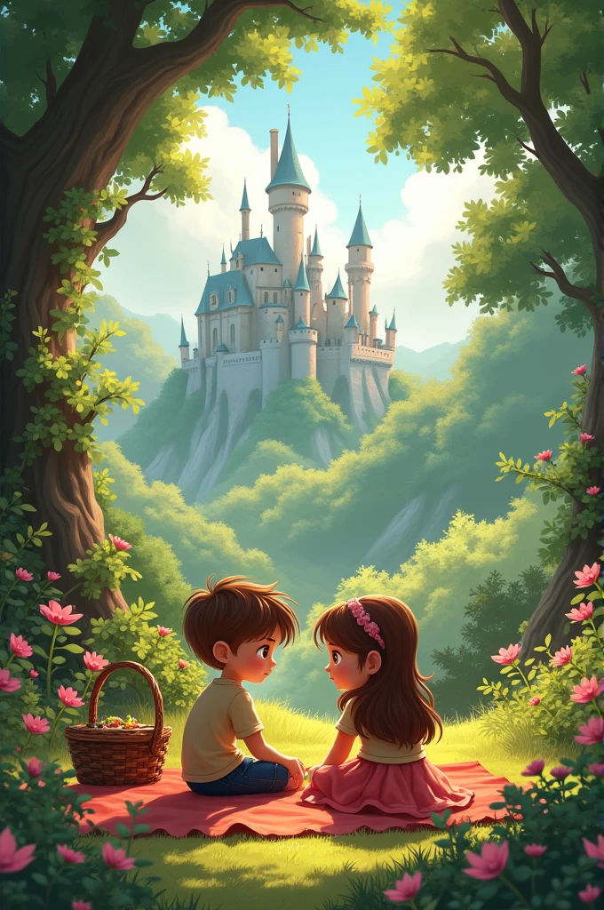 Foreground: Leo and Sofia, the two adventurous children, are sitting on a blanket in the castle's garden. They are surrounded by lush greenery and colorful flowers. A basket with remnants of a picnic—perhaps some bread, cheese, and fruit—sits nearby.