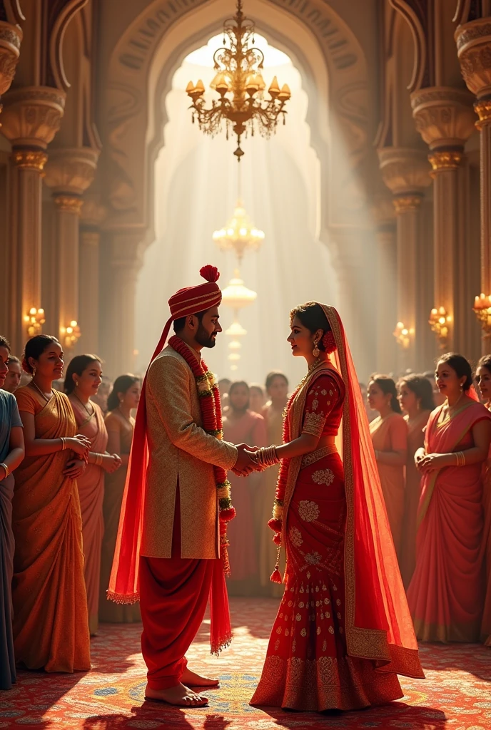 A Gujarati couple in their traditional dress doing their wedding rituals in wedding hall, background peoples also wearing traditional costumes laughing and admiring them give me wide view 