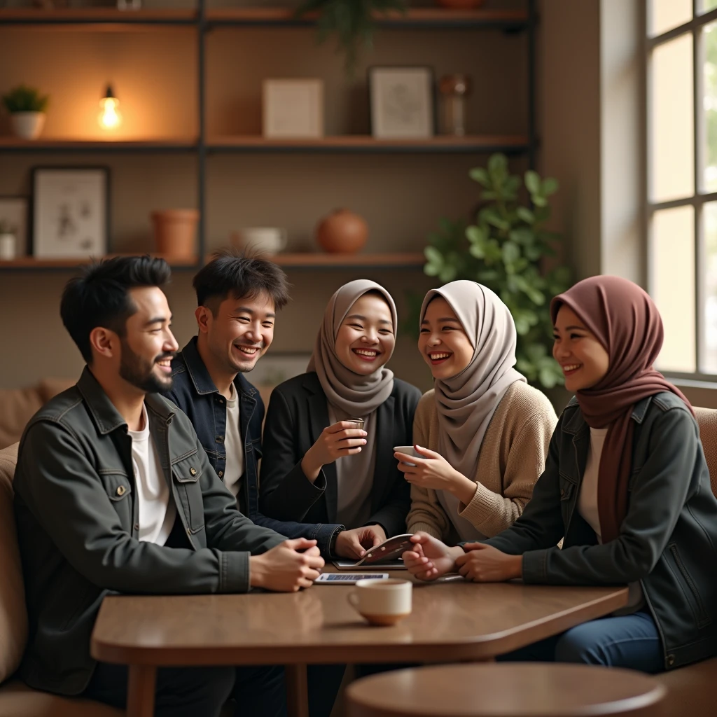 ((3 man wear jacket sitting), (2 hijabbed woman sitting), (1 hijabless woman sitting)), casual fashion, happy expression, white skin people, indoor, extreme detail, masterpiece, 4k, adult 3D character, proportional, cinematic lighting