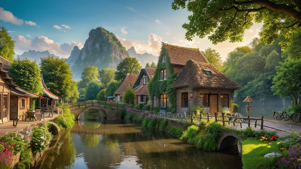 The ancient village of the Netherlands, mystical nature, Rivers, Mountains and forests, waterfall, cloud, Photorealistic photos, It's not 8k. Aerial view.