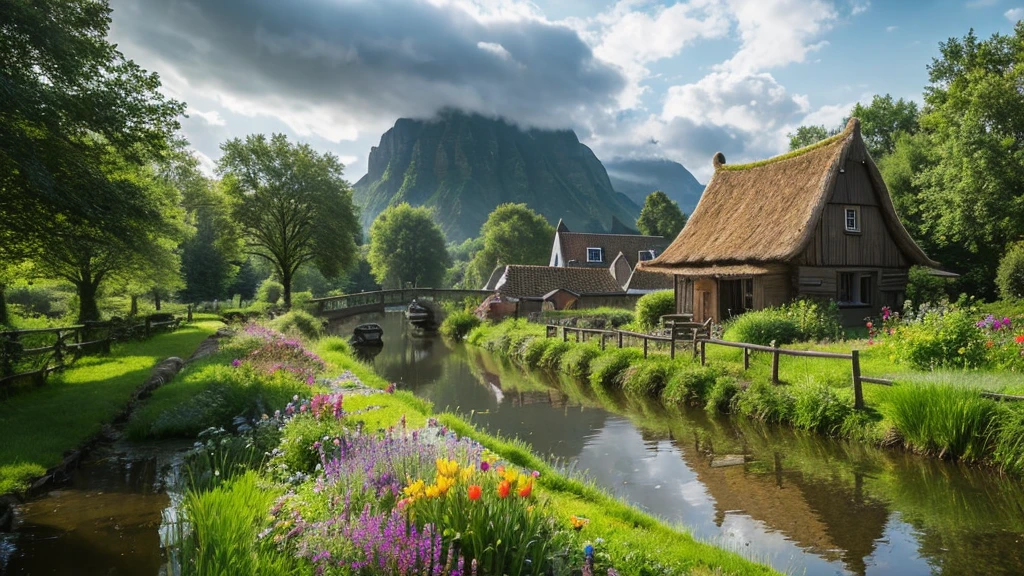 The ancient village of the Netherlands, mystical nature, Rivers, Mountains and forests, waterfall, cloud, Photorealistic photos, It's not 8k. Aerial view.