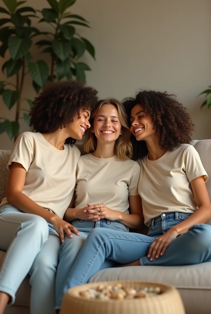 A 3 American woman wearing beige cotton t-shirt sitting on a sofa