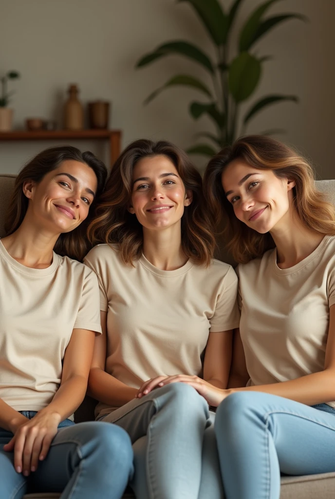 A 3 American woman wearing beige cotton t-shirt sitting on a sofa