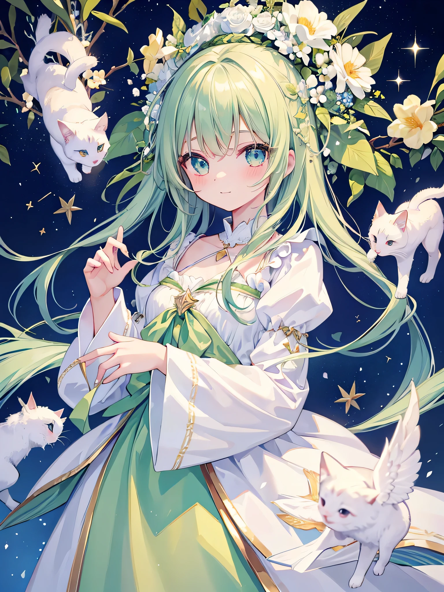 Great quality, masterpiece, High Resolutiの上, One girl, blush, (Cute Smile: 0.8), Star Eyes, hair accessory, jewelry, beauty, Light, (Skin with attention to detail: 1.2), 8K Soft Light, high quality、、Big eyes, sparkling eyes、The star is at the top of the eye、Long black eyelashes、Background Glass Castle、Flowers glass、Light green、Many flowers sparkle、The outfit is a white long dress、limbs accurately、Fingers too5Honzutsu、Holding a cat、Long hair、It's raining in the city、A thin, transparent rain is falling from the sky、The result is a photo taken by a famous photographer.、