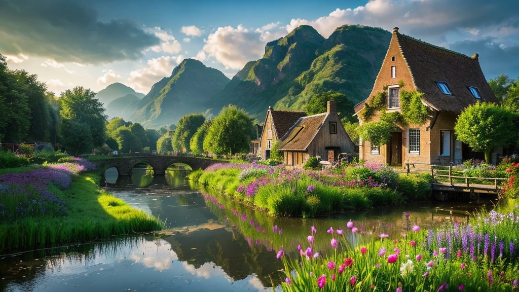 The ancient village of the Netherlands, mystical nature, Rivers, Mountains and forests, waterfall, cloud, Photorealistic photos, It's not 8k. Aerial view.