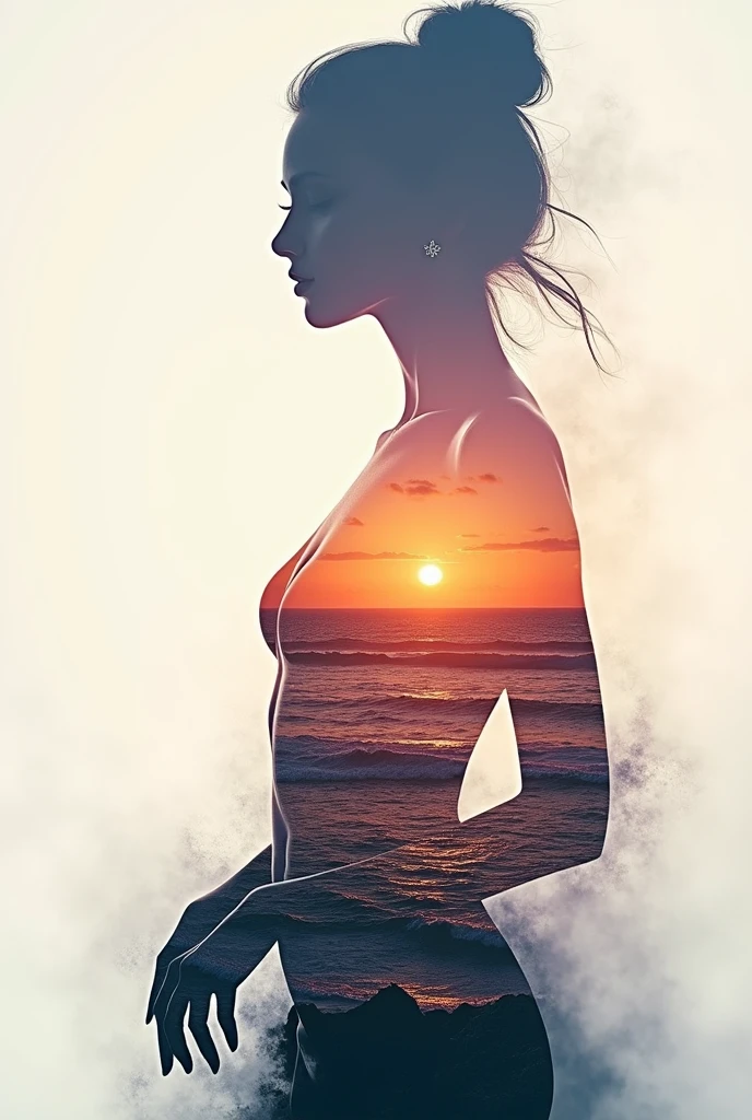 high quality, 8K Ultra HD, A beautiful double exposure that combines an goddess silhouette with sunset coast, sunset coast should serve as the underlying backdrop, with its details incorporated into the goddess , crisp lines, The background is monochrome, sharp focus, double exposure, by yukisakura, awesome full color,