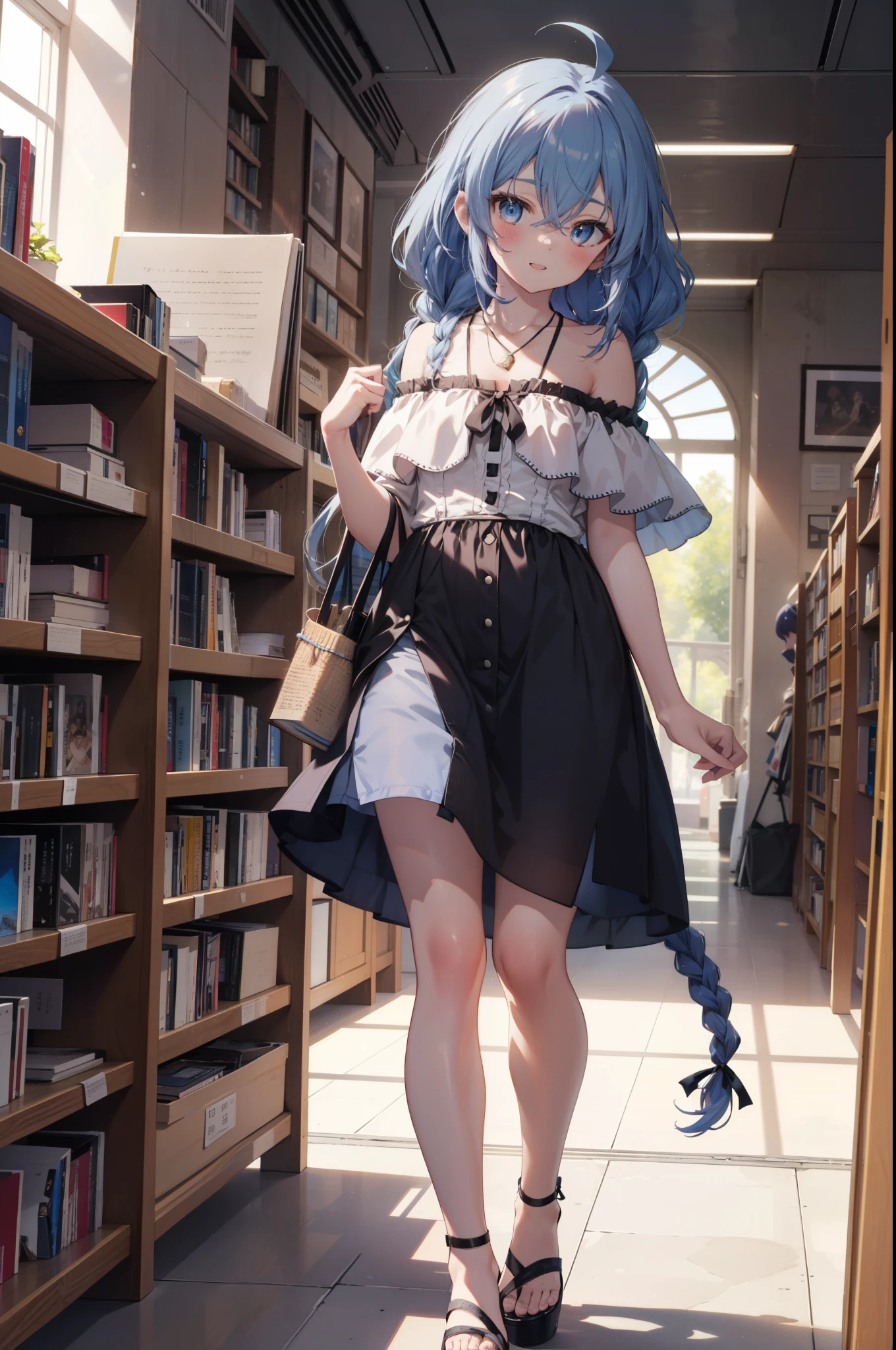 Roxymigurdia, Roxy, Ahoge, Black Ribbon, blue eyes, Blue Hair, Braiding, Hair between the eyes, Hair Ribbon, Long Hair, twin Braidings, very Long Hair, smile,blush,Open your mouth,Blue off-shoulder dress,bare clavicle,Bare neck,Bare shoulders,Rocket Pendant,Short sleeve,mini skirt,Cute heeled sandals,True Summer,Daytime,Clear skies,Walking,Bookshelf,Holding a book in both arms,whole bodyがイラストに入るように,
break looking at viewer,whole body,
break indoors,figure書館,
break (masterpiece:1.2), Highest quality, High resolution, unity 8k wallpaper, (figure:0.8), (Beautiful attention to detail:1.6), Highly detailed face, Perfect lighting, Highly detailed CG, (Perfect hands, Perfect Anatomy),
