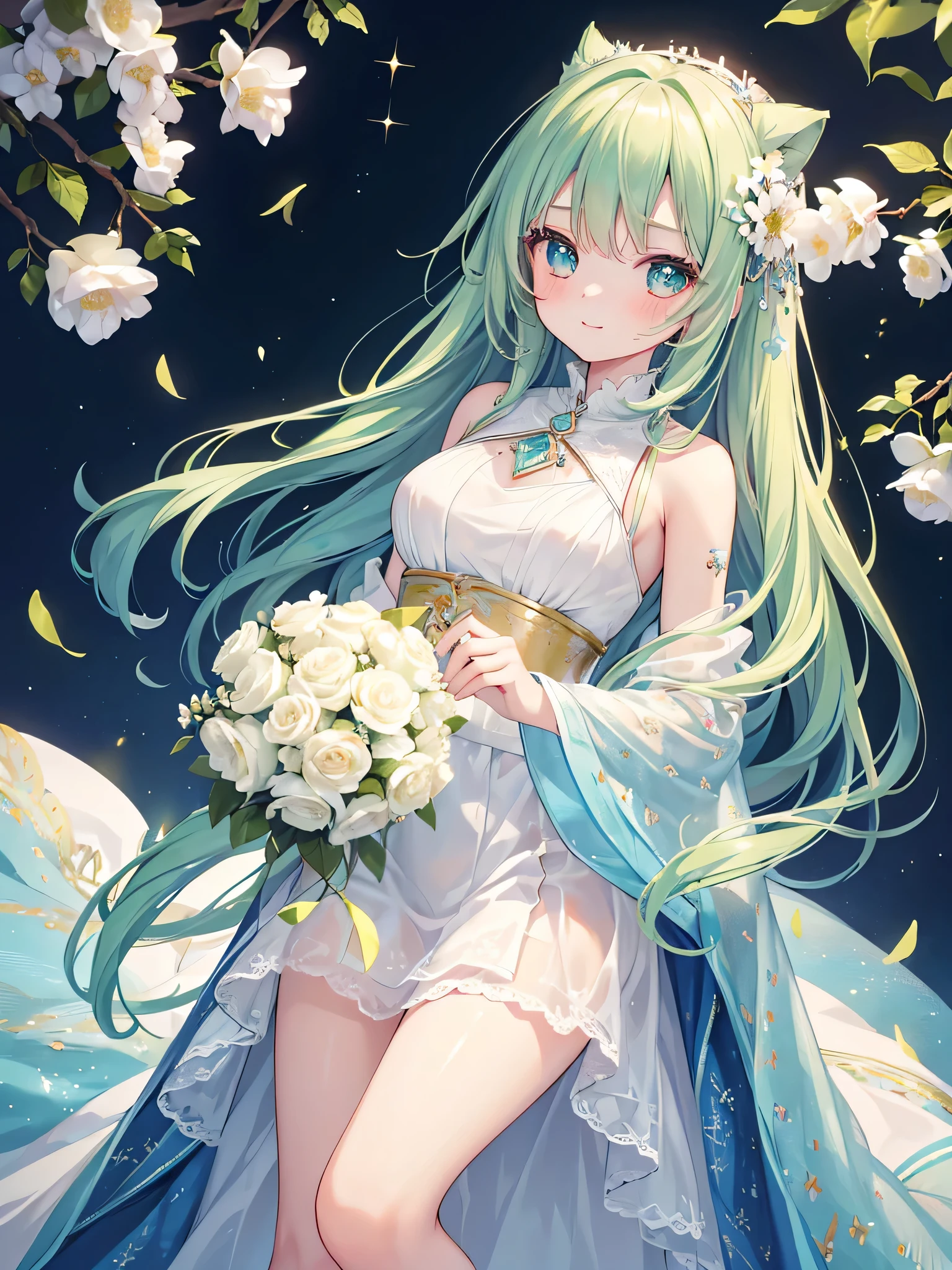 Great quality, masterpiece, High Resolutiの上, One girl, blush, (Cute Smile: 0.8), Star Eyes, hair accessory, jewelry, beauty,  Light, (Skin with attention to detail: 1.2), 8K Soft Light, high quality、、Big eyes, sparkling eyes、The star is at the top of the eye、Long black eyelashes、Background Glass Castle、Flowers glass、Light green、Many flowers sparkle、The outfit is a white long dress、limbs accurately、Fingers too５Honzutsu、Holding a cat、Long hair、It&#39;s raining in the city、A thin, transparent rain is falling from the sky、The result is a photo taken by a famous photographer.、