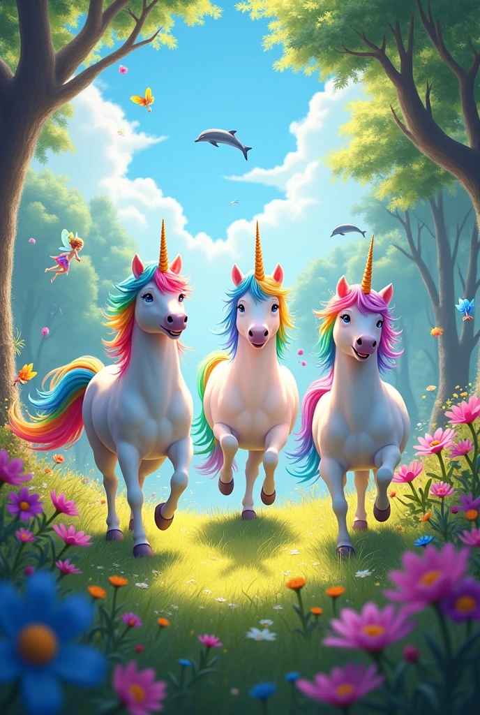 Three happy unicorns with rainbow hair in a brightly lit enchanted forest with flowers and fairies and dolphins 