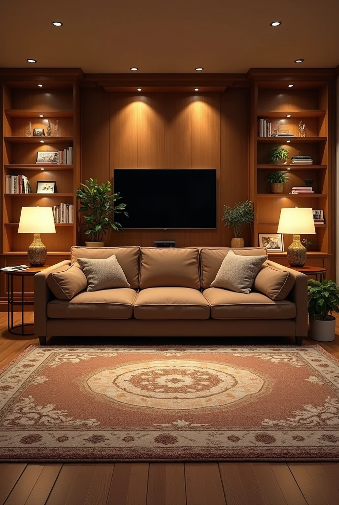 A room with a large rug. On the carpet, a brown sofa and on both sides, Lamps. in front of the sofa, on the wall, a television and below, a small table with plants. On the other walls there are some paintings and a bookcase.. and on the ceiling some led lights.