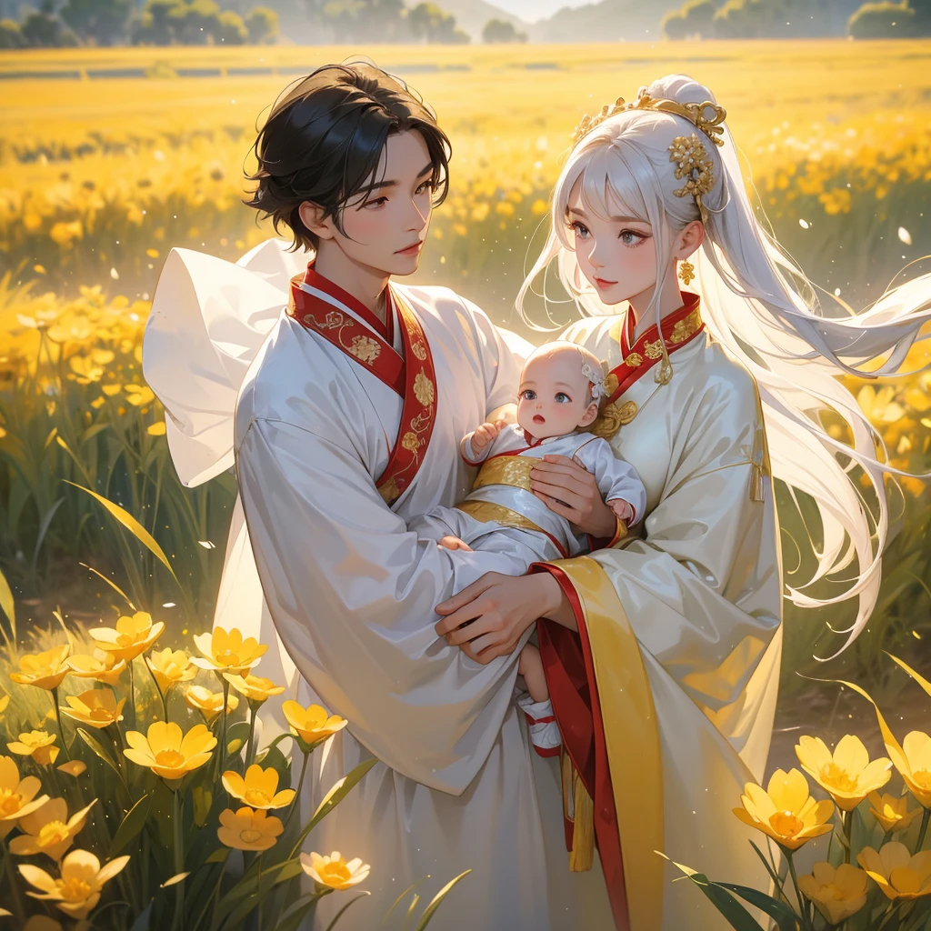 A one-year-old baby boy in an white ancient Chinese baby costume with his beautiful mother, dressed in an ancient Chinese costume, Standing in the midst of a field of bright yellow gold fields , There are some floating clouds, playing with each other, with his handsome father standing next to his mother, close up.