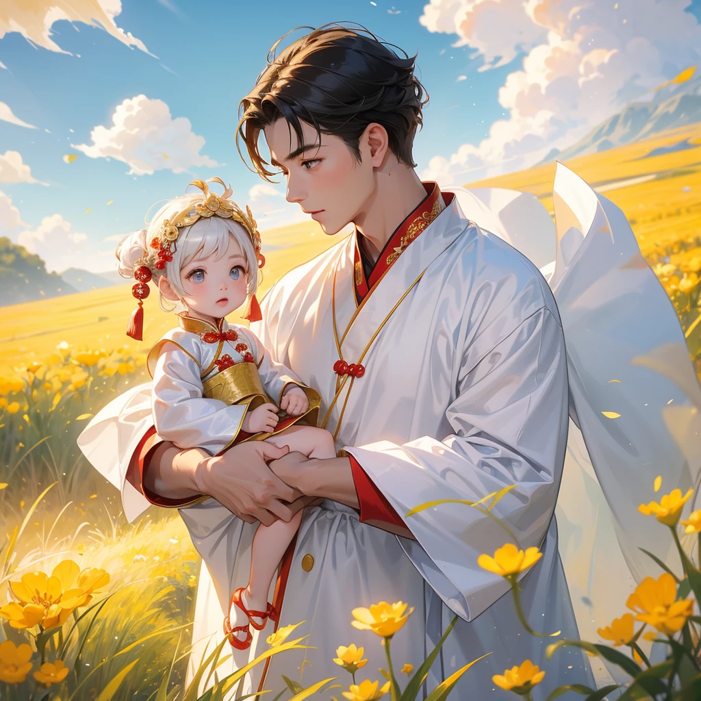 A one-year-old baby boy in an white ancient Chinese baby costume with his beautiful mother, dressed in an ancient Chinese costume, Standing in the midst of a field of bright yellow gold fields , There are some floating clouds, playing with each other, with his handsome father standing next to his mother, close up.