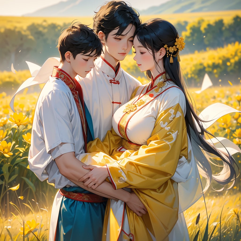 A one-year-old baby boy in an white ancient Chinese baby costume with his beautiful mother, dressed in an ancient Chinese costume, Standing in the midst of a field of bright yellow gold fields , There are some floating clouds, playing with each other, with his handsome father standing next to his mother, close up.
