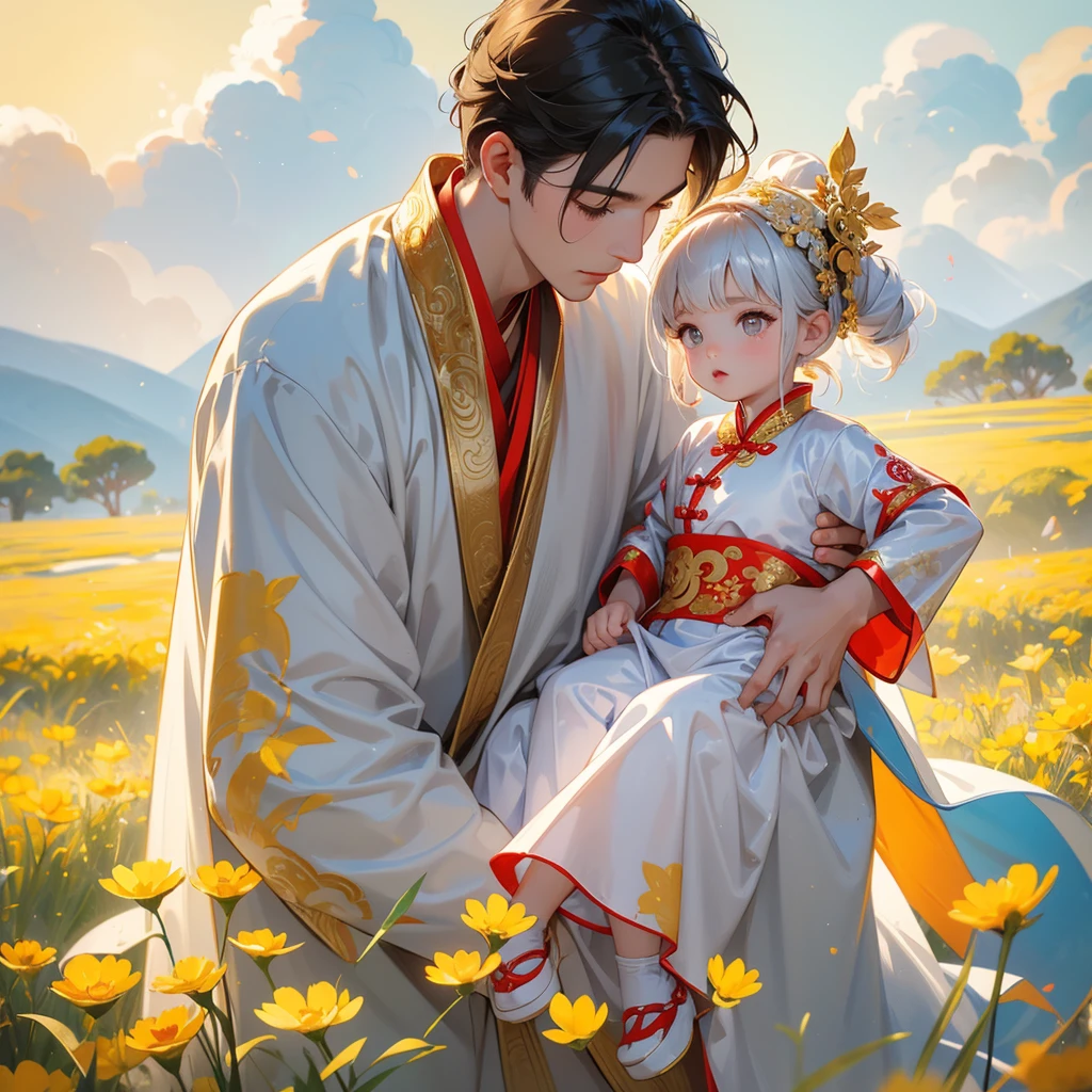 A one-year-old baby boy in an white ancient Chinese baby costume with his beautiful mother, dressed in an ancient Chinese costume, Standing in the midst of a field of bright yellow gold fields , There are some floating clouds, playing with each other, with his handsome father standing next to his mother, close up.