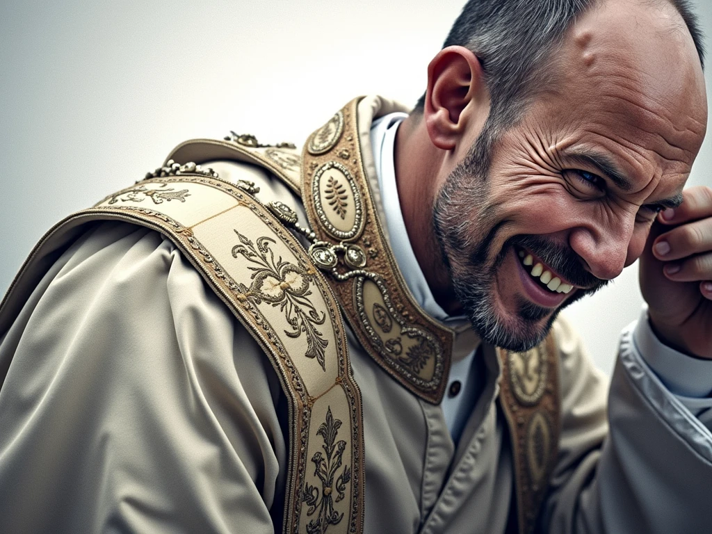 Jason Statham actor wearing pope robe , (smile),  1 man, pepic (photo, studio lighting, hard light, sony a7, 50 mm, matte skin, pores, colors, hyperdetailed, hyperrealistic)  