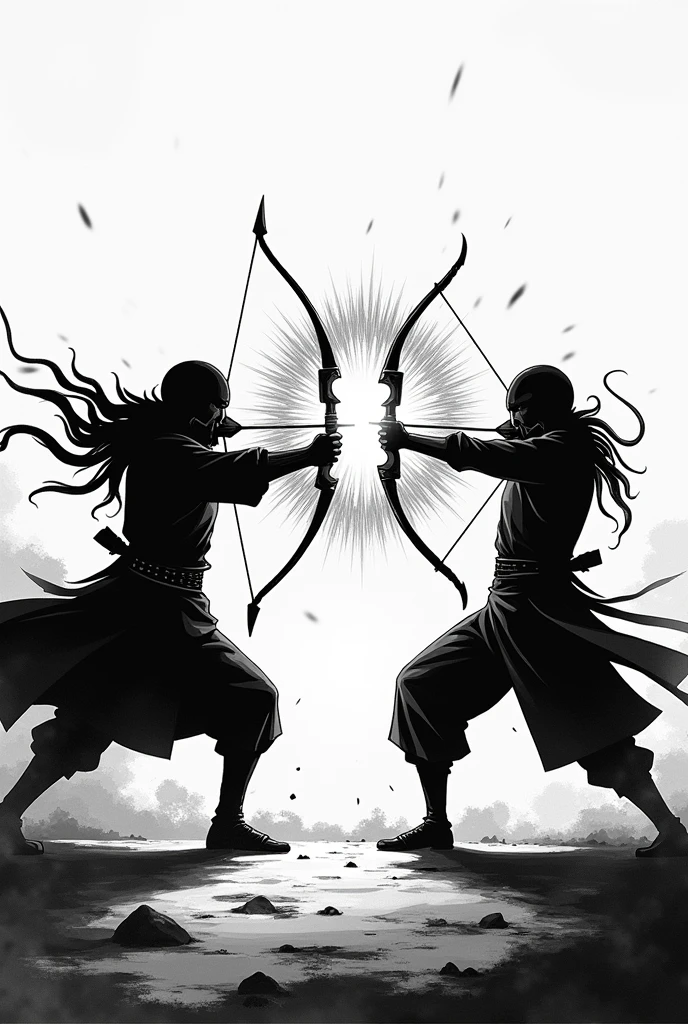 A black and white manga style , two face blurred guys fighting with bow as their arrow clash and causes a massive blow