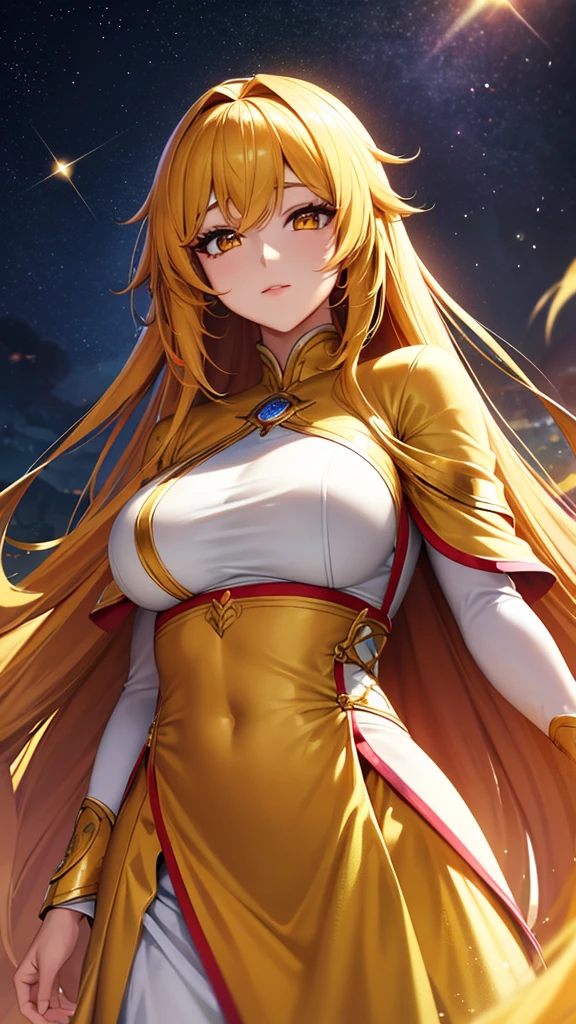 super realistic, super detailed, ultra HD graphics. high resolution. beautiful Korean girl with long hair, golden yellow. golden eyes emitting light.. face sparkling like diamonds. colorful. radiant.. enchanting. HD wallpaper.cosplay