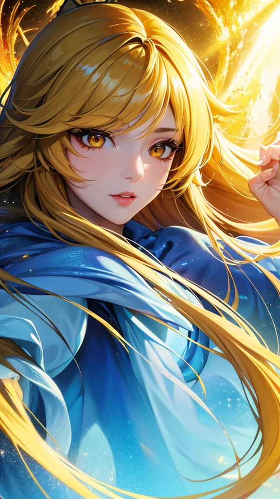 super realistic, super detailed, ultra HD graphics. high resolution. beautiful Korean girl with long hair, golden yellow. golden eyes emitting light.. face sparkling like diamonds. colorful. radiant.. enchanting. HD wallpaper.cosplay