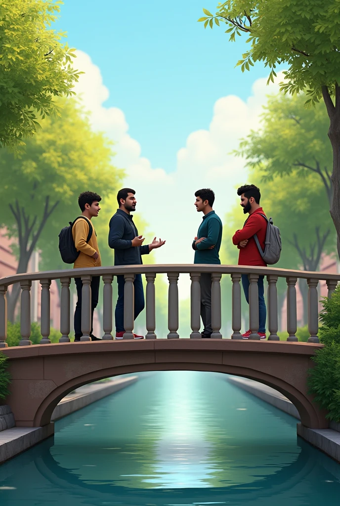 Creat an image of four friends 
1st one name is Hamza ,his height is 6.1
Other name is zeshan ,his height is about to 6.4 
Thrid one is Ahmad 6.0
Fourth is talha  height is 5.11

Standing on the bridge of the canal 

Without showing their faces

Talking to each other