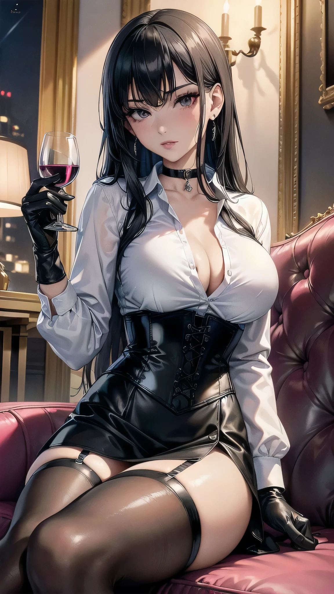  masterpiece, Superior image quality, High resolution, 4k image,photo and gross, photorealistic, whole body, 1 young teen girl, sitting, {{{vagina}}}, beautiful face, long black hair, black eyes, very detailed eyes, pink cheeks, serious expression, choker:1.6, (white collar button down long sleeve shirt), black gloves, gloves that cover hands, holds a glass of wine, (black leather corset), (shiny black miniskirt), Sensual Lips, show details in the eyes, View from the front, looking at the viewer, sitting en una silla elegante, Elegant living room, at night
