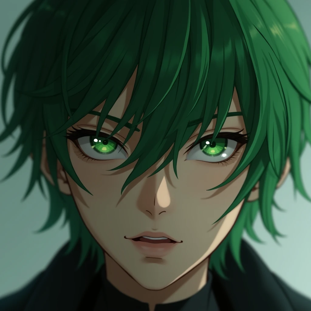 A close up of a green haired guy with green eyes