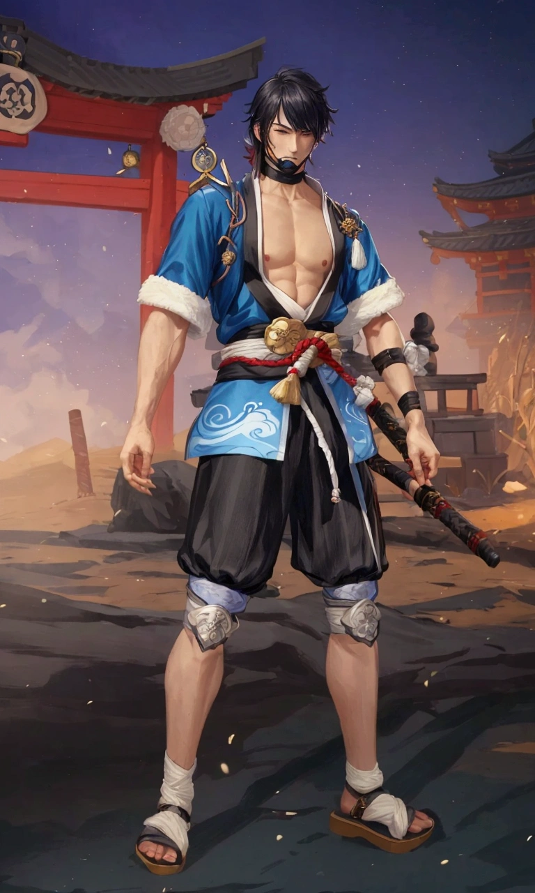a close up of a person in a costume with a sword, lunar themed attire, multilayered outfit, samurai outfit, keqing from genshin impact, one piece style, bald male swashbuckler, blacksmith's outfit, skinny male mage, zhongli from genshin impact, clothed in old samurai uniform, masamune shiro, pirate clothes