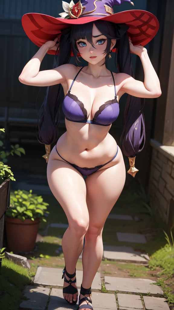 mona, blue eyes, hair between eyes, twintails, very long hair, purple hair, hat, (small breast:1.2, big hips:1.2), witch hat, , (full body), (masterpiece), (best quality), ultra high res, ultra detailed, detailed eyes, intricate, 1girl, looking at viewer, collarbone, ((big hips, cleavage, looking at the viewer)), (abs:0.8), blushed, (realistic:1.2), (realism), (masterpiece:1.2), (best quality), (ultra detailed), (8k, 4k, intricate), (85mm), light particles, lighting, (highly detailed:1.2), (detailed face:1.2), (gradients), colorful, (detailed eyes:1.2), (detailed background), detailed landscape, (dynamic angle:1.2), (rule of third_composition:1.3), (Line of action:1.2), seducing pose,