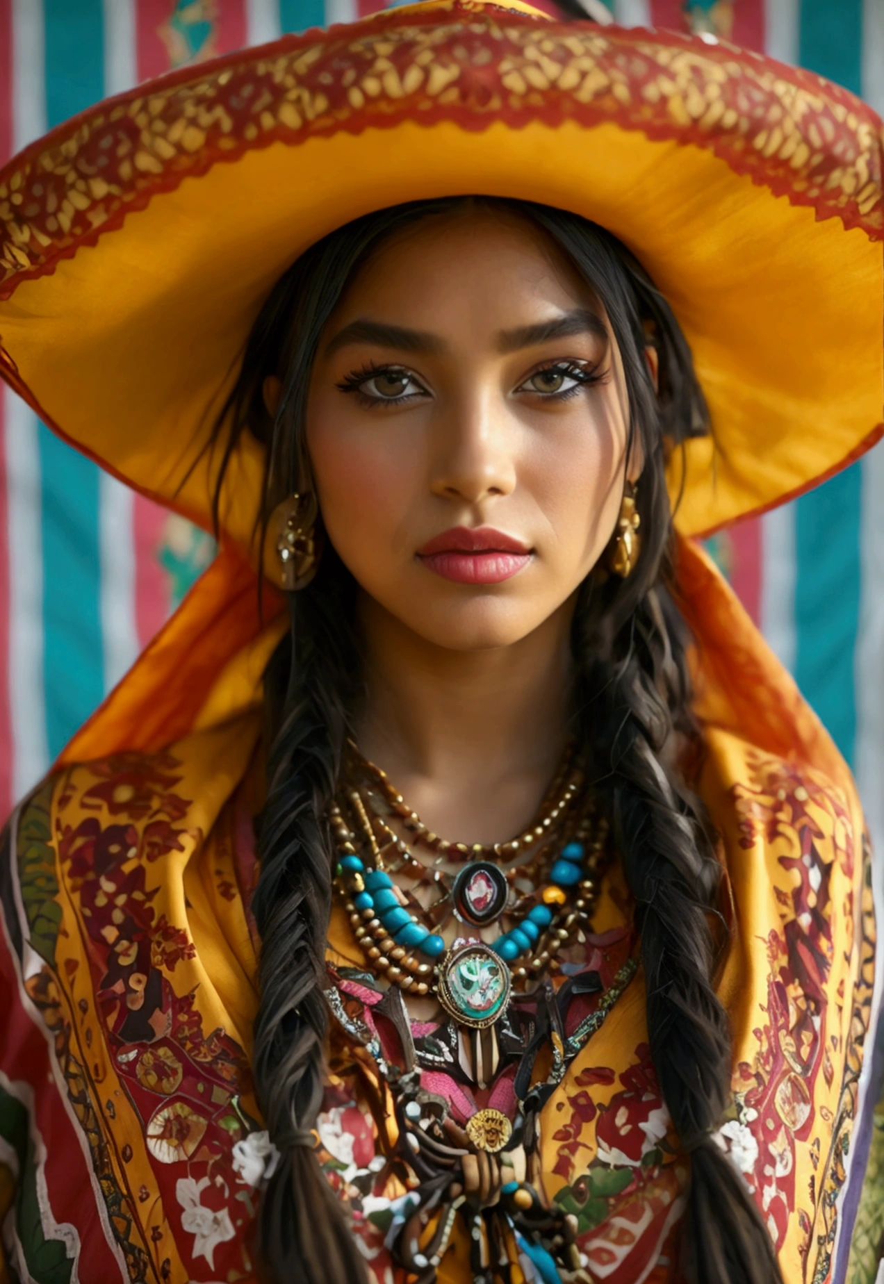 Explore life on the border between Mexico and the United States, mixing cultural influences in a woman on one side Mexican culture makeup and clothing and on the other side American culture from both sides. The collection uses a mix of materials and styles, from ponchos and sarapes to American streetwear