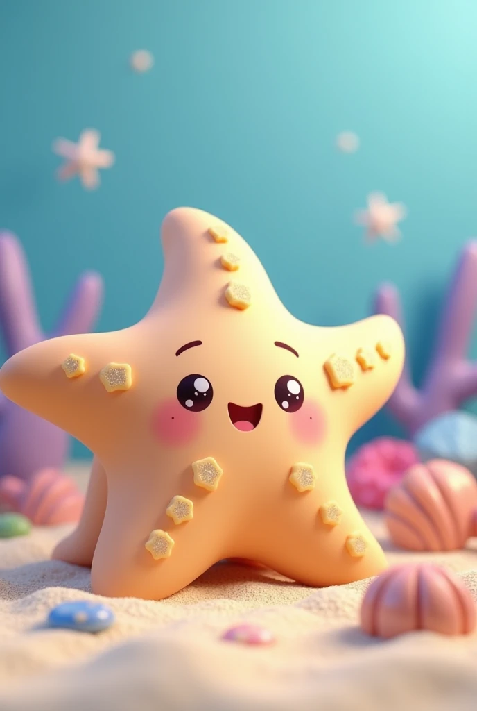 Kawaii Starfish: please Design me a 4 pieces 3D kawaii starfish with five plump, pastel-colored arms. It has large, twinkling eyes and a sweet, smiling mouth. Add small, sparkly star-shaped patterns on its body and place it resting on a sandy ocean floor with a few seashells around with some different sea creatures around it.