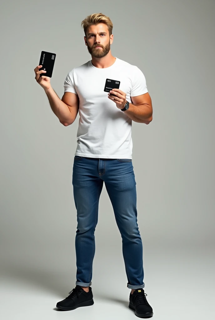 Strong, bearded blond man, usando camiseta branca, jeans and black sneakers, standing, smiling, showing a black credit card with the words “RIBEIRO” written on it.