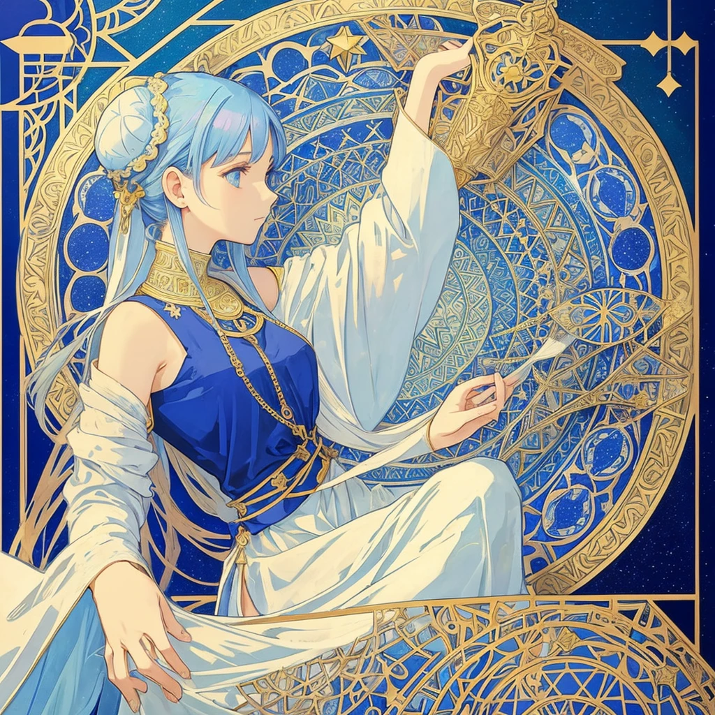 1 girl, (masterpiece, highest quality, highest quality, beautiful and aesthetic: 1.2), (1 girl: 1.3), lots jewelry, delicate arabic style clothing, square picture frame, ((face)), cool face, Traditional Arab blue dress, color hairstyle, Ultra-detailed, Soft Light, Gentle colors, solo, dynamic, (((geometric star patterns in the background))), profile,低めのポニーテール, bun hair, Alphonse Mucha's