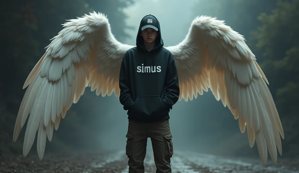 a young man, wearing a black hoodie that reads "SiMus", baseball cap, has angel wings, wearing long cargo pants, boats shoes, photorealistic, 8k, hyper detailed, cinematic lighting, dramatic shadows, moody atmosphere, fantasy art, concept art, digital painting