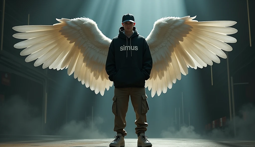a young man, wearing a black hoodie that reads "SiMus", baseball cap, has angel wings, wearing long cargo pants, boats shoes, photorealistic, 8k, hyper detailed, cinematic lighting, dramatic shadows, moody atmosphere, fantasy art, concept art, digital painting