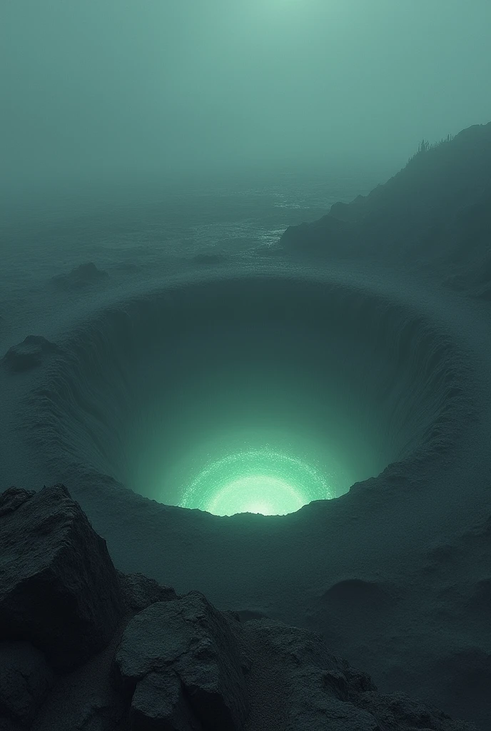 A large, ominous, and glowing sinkhole at the center of a barren, desolate landscape, with dark swirling fog and glowing lights emerging from its depths, minimal background detail, focusing entirely on the sinkhole