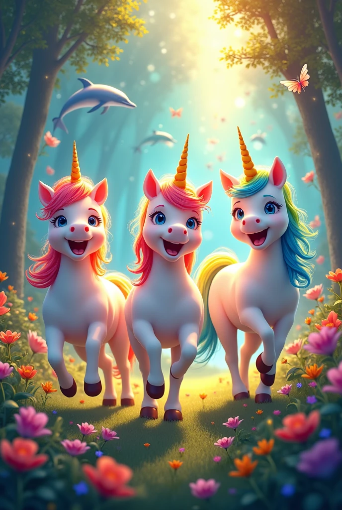 Three happy unicorns with rainbow hair in a brightly lit enchanted forest with flowers and fairies and dolphins and mermaids 