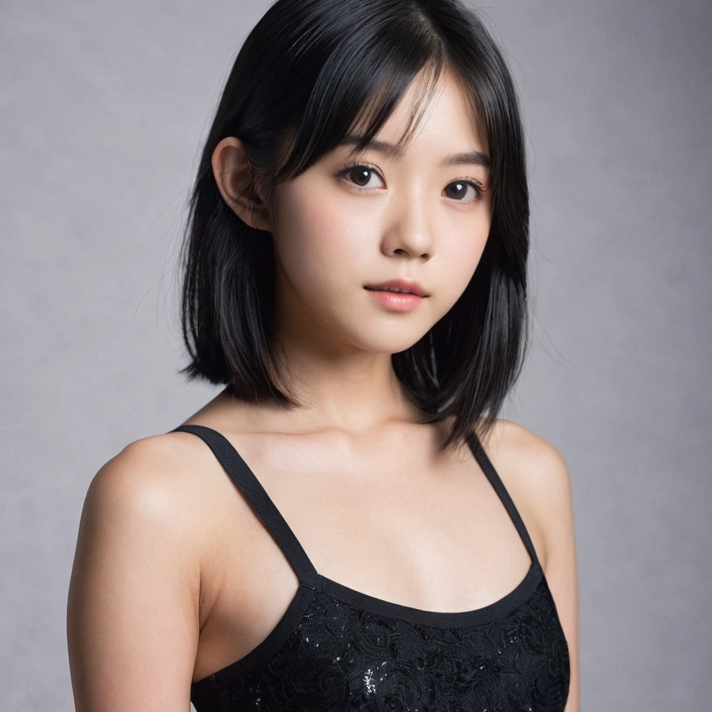 Yui, photo of age 15 year female, black shoulder length hair, small breasts; (rim lighting, studio lighting), (film grain, highly detailed glossy eyes, high detailed skin, skin pores); black bodycon, full body photo