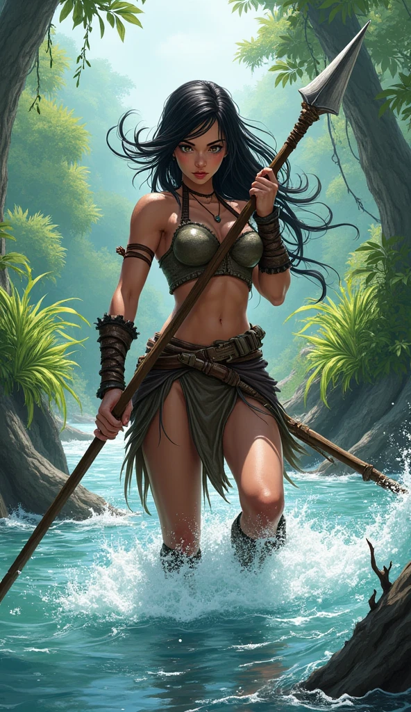 Anime, young female barbaria, stand in water, wild rover, she is fishing using spear, fish hunting with spear
