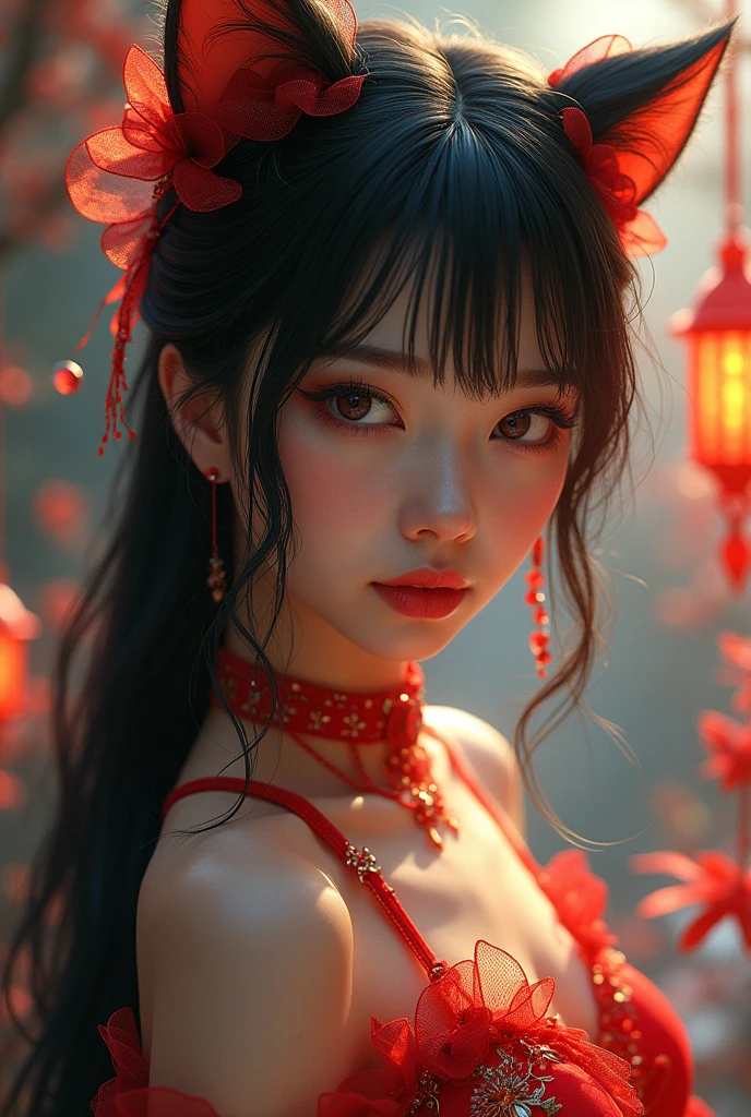 cat ears, China dress, magical world, red mesh on black hair, beautiful detailed eyes, beautiful detailed lips, extremely detailed eyes and face, long eyelashes, soft lighting, fantasy landscape, glowing magic crystals, ethereal atmosphere, intricate details, vibrant colors, (best quality,4k,8k,highres,masterpiece:1.2),ultra-detailed,(realistic,photorealistic,photo-realistic:1.37), surrealism, crushed blacks, 