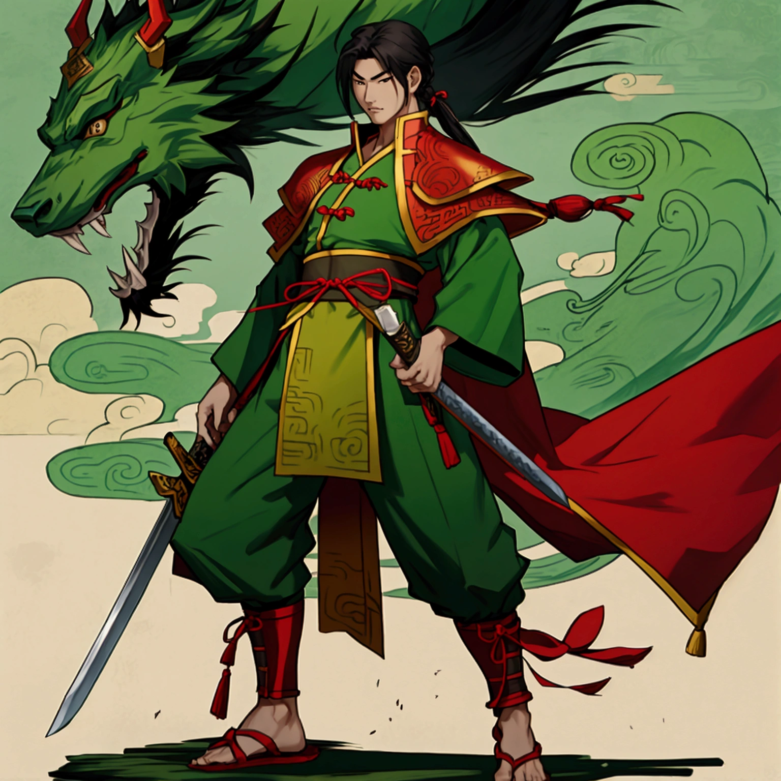 Cao Cao,man,Wearing Chinese warrior costume,holding a sword,stand,Put on the green Chinese warrior shoes
