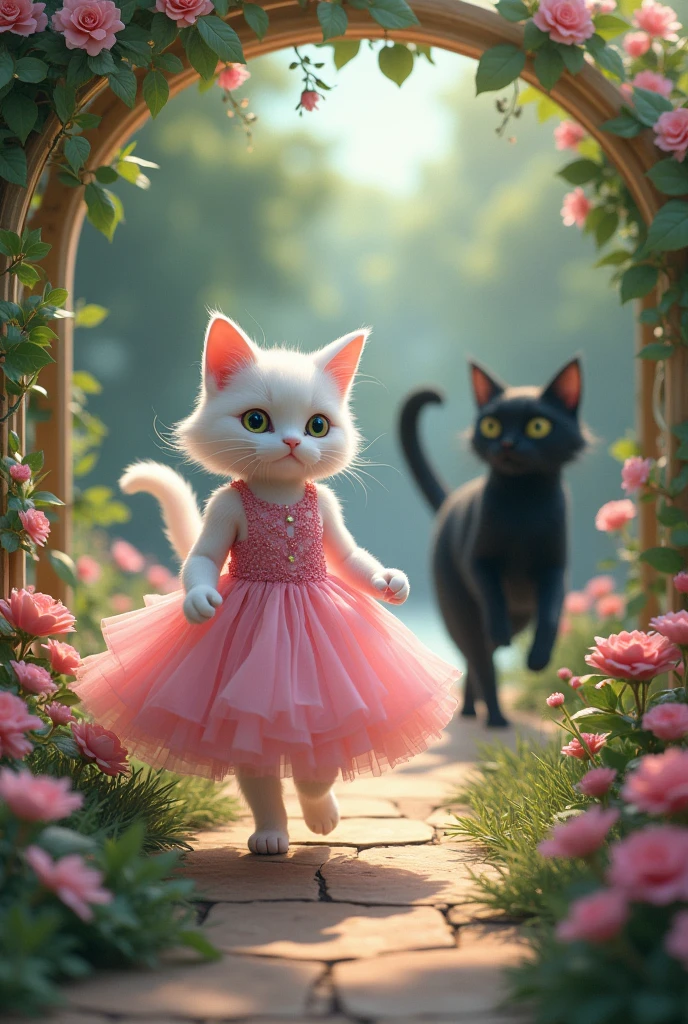 White beautiful cat in beautiful pink dress walking in beautiful garden.some black cat coming behind of the white cat in the beautiful garden the black cat attacking the white beautiful cat.the white cat is crying for helps 