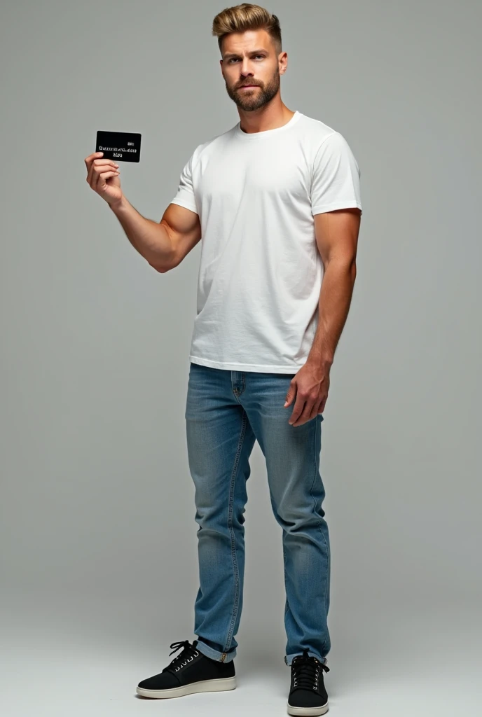Strong, bearded blond man, usando camiseta branca, jeans and black sneakers, standing, smiling, showing a black credit card with the words “RIBEIRO” written on it.