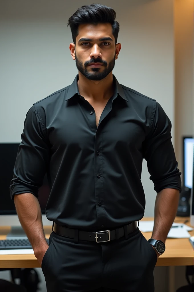 (armface:1.3) , hot indian Handsome young man standing, (have a mustache:0.8) , (short hair:1.2), The forearms are muscular., (Button-down collared shirt:1.2), (black shirt:1.2),black pants, Big muscles, Handsome and muscular, full body angle, (Working in the office:1.1)